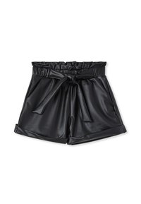 Shorts in ecopelle nera con una fascia elastica ampia in vita, legata sul davanti, dotati di tasche laterali e orlo arrotolato.