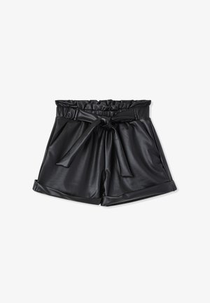 Shorts in ecopelle nera con una fascia elastica ampia in vita, legata sul davanti, dotati di tasche laterali e orlo arrotolato.