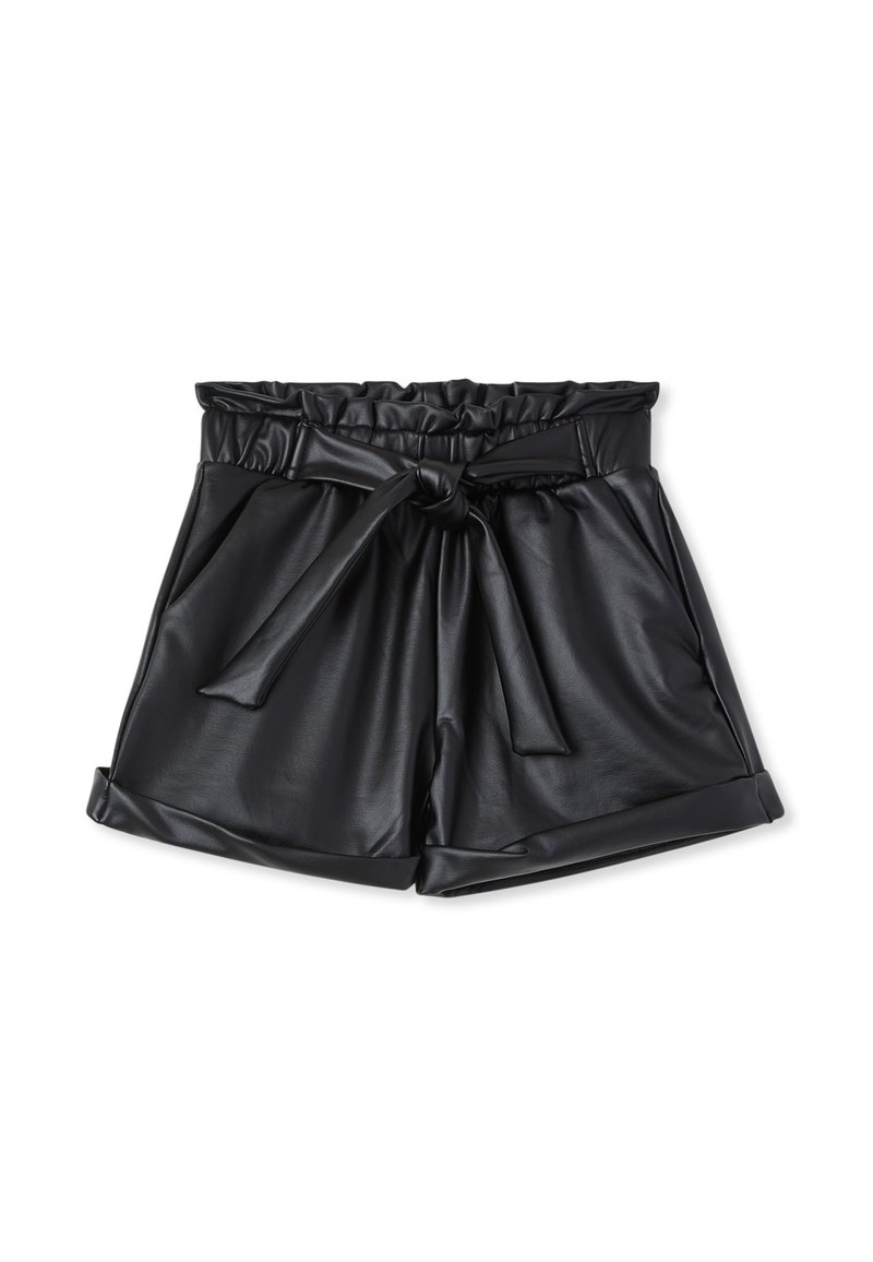 Shorts in ecopelle nera con una fascia elastica ampia in vita, legata sul davanti, dotati di tasche laterali e orlo arrotolato.