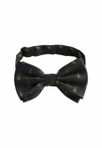 Bow tie in black fabric, featuring small, gold-printed Christmas tree patterns. Adjustable strap with a smooth texture and folded design.
