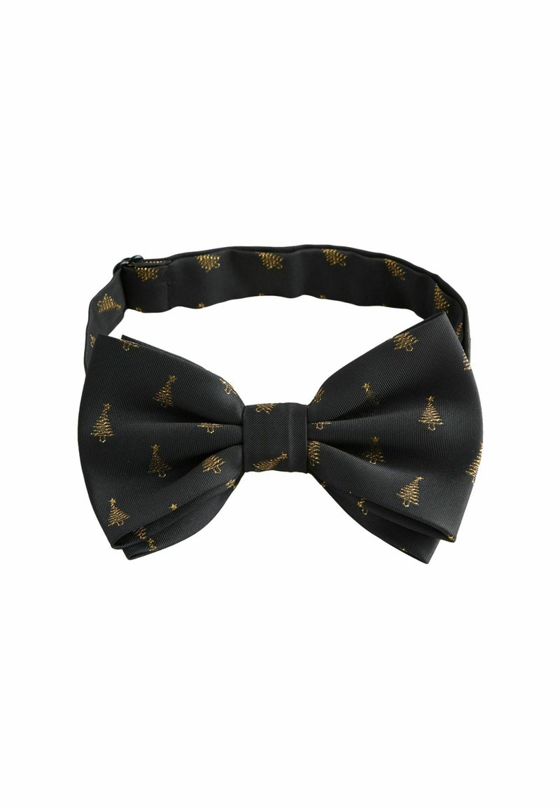 Bow tie in black fabric, featuring small, gold-printed Christmas tree patterns. Adjustable strap with a smooth texture and folded design.