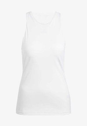 White sleeveless tank top made of smooth, stretchy fabric. Round neckline and fitted design. No visible patterns or hardware details.