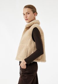 Beżowa kamizelka z polaru z wysokim kołnierzem, bocznymi kieszeniami i teksturowanym materiałem. Nosi się ją na ciemnej bluzce z długim rękawem, prezentując ją na jednolitym tle.