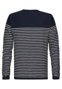 Pull à manches longues avec des rayures horizontales bleu marine et crème, col arrondi, texture tricotée et poignets et ourlet côtelés.