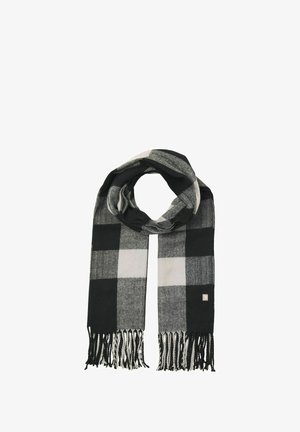 Fekete-fehér kockás sál bojtokkal az élén, puha anyagból készült, váltakozó nagy négyzetekkel, szőtt textúrával.