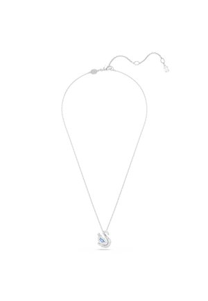 Delicate silver chain necklace with a swan-shaped pendant featuring clear and blue gemstones, adjustable clasp closure.