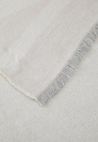 Light gray woven blanket with a textured surface, featuring fringed edges and a subtle pattern. Soft fabric with a smooth finish.