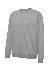 Grauer Sweatshirt mit langen Ärmeln, mit gerippten Bündchen und Saum, mit einem kleinen schwarz-weißen Bienen-Logo auf der linken Brust.