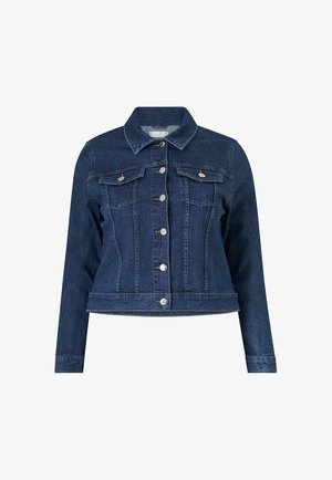Ciemnoniebieska dżinsowa kurtka z długimi rękawami, przednimi kieszeniami i srebrnymi guzikami. Charakteryzuje się dopasowanym krojem i lekko skróconym fasonem.
