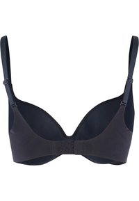 Czarny stanik z gładkiego materiału, z regulowanymi ramiączkami i zapięciem na haftkę. Charakteryzuje się klasycznym fasonem z drutem podtrzymującym i bezszwowymi miseczkami.