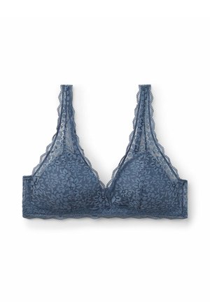 Blaue Spitzen-Bralette mit dreieckigen Cups, gewellten Kanten und floralem Muster. Verfügt über verstellbare Träger und eine weiche Textur.