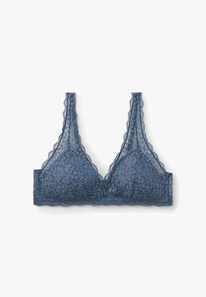 Blaue Spitzen-Bralette mit dreieckigen Cups, gewellten Kanten und floralem Muster. Verfügt über verstellbare Träger und eine weiche Textur.