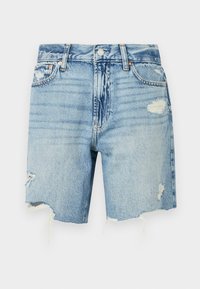 Lyseblå denimshorts med høy livlinje. Har slitte detaljer med utslitt kant og flere lommer. Klassisk femlommers design.