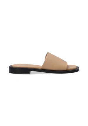 Tan leather slide sandal with an open toe design, a soft upper, and a flat black sole. Simple, minimalist style with no visible hardware.