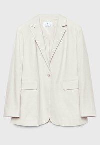 Blazer couleur crème à bouton unique, avec revers à encoches et deux poches avant à rabat, présenté à plat sur un fond clair.