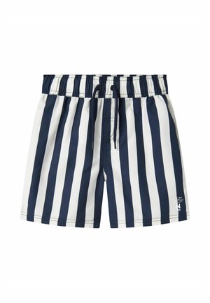 Shorts de bain rayés bleu marine et blancs avec une taille élastique, un cordon de serrage et un détail logo. Fabriqués à partir d'un matériau léger, conçus pour le confort.