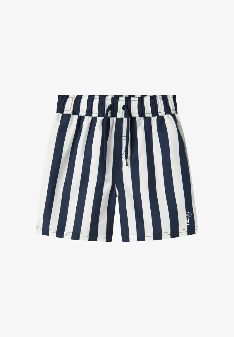 Niebiesko-białe kąpielówki w paski z elastycznym pasem, sznurkiem ściągającym i detalami z logo. Wykonane z lekkiego materiału, zaprojektowane z myślą o komforcie.