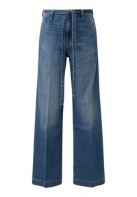 Spodnie dżinsowe o szerokich nogawkach w średnim niebieskim odcieniu, z teksturowaną powierzchnią i pasującym paskiem do wiązania w talii. Gładki, prosty dół.