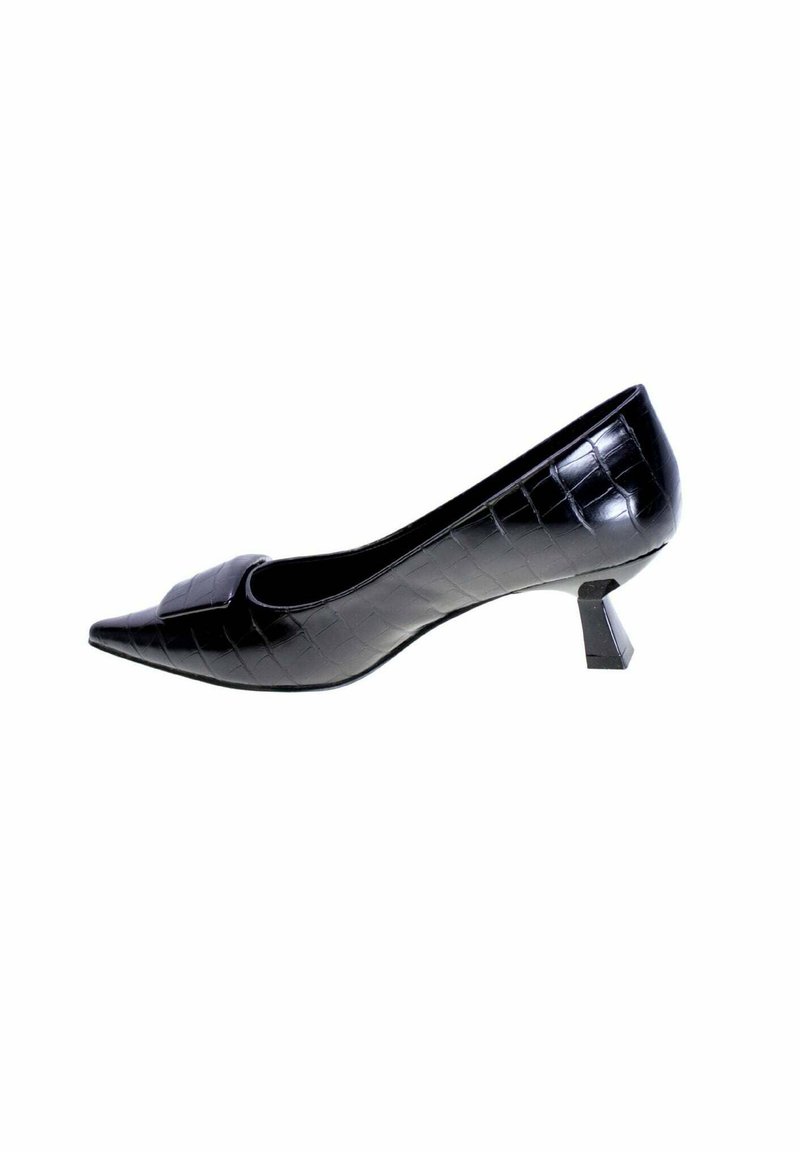 Pump nera in pelle con punta a punta, caratterizzata da una texture in pelle di coccodrillo e un design unico del tacco quadrato. Finitura liscia, silhouette elegante.