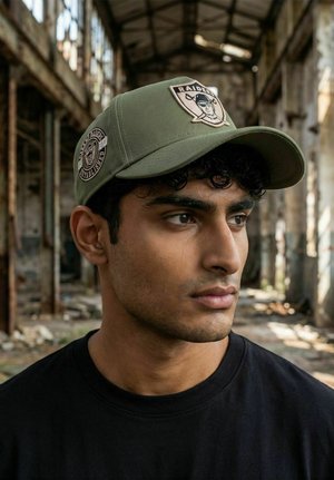 Young man wearing an olive green Raiders baseball cap and black shirt, standing in an abandoned, dilapidated industrial building.