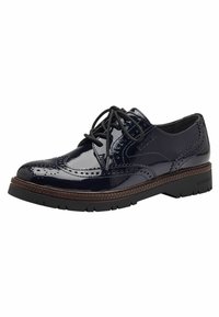 Chaussure oxford en cuir verni marine avec des détails perforés, bout rond, semelle plate en caoutchouc noir et lacets noirs. Accentuée de coutures marron.