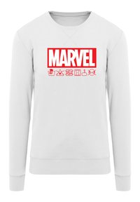 Hvit sweatshirt med en stor rød "MARVEL"-logo og forskjellige ikoner under. Materialet ser mykt ut med rund hals og ribbede mansjetter.