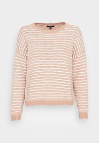 Sweter w paski w delikatnym różowym i białym kolorze. Dziana tekstura z prążkowanymi mankietami i dołem. Luźny krój, okrągły dekolt i opadające ramiona.