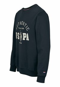 Marineblå hettegenser med rund hals, lange ermer og et frontmotiv med "AUTHENTIC" og "USPA" i kremfarge, med en teksturert overflate.