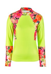 Haut de sport à manches longues en vert néon avec des accents de motifs floraux et à damier sur les épaules et les manches. Fabriqué en tissu doux et extensible.