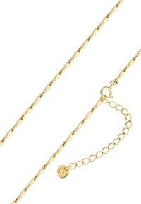 Zeltīta ķēde ar savītas saites, apaļa piekariņa ar logotipu un regulējama aizdare ar papildu saites sekciju.