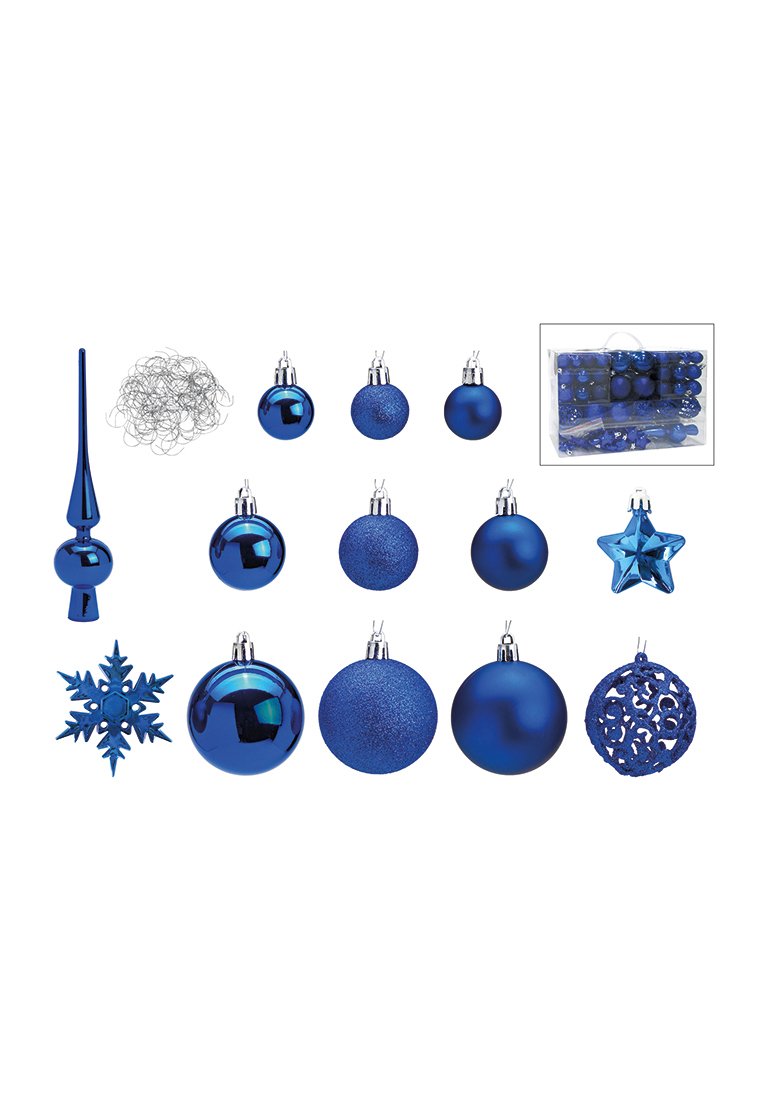 Set von blauen Weihnachtsornamenten umfasst glänzende, matte und glitzernde Oberflächen, einen Stern, eine Schneeflocke und einen hängenden Topper in verschiedenen Formen.