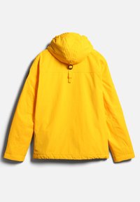 Yellow waterproof jacket with a hood, featuring a back cinch detail and long sleeves. Smooth texture and minimalistic design.