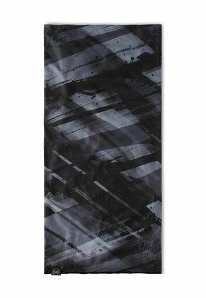 Gaiter Buff con un patrón de rayas diagonales en tonos negros y grises, con una textura suave y un pequeño logo en la esquina.