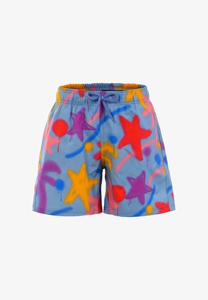 Blauwe shorts met een kleurrijk spuitverfontwerp met sterren en cirkels in rood, geel, paars en oranje. Elastische tailleband met trekkoord.