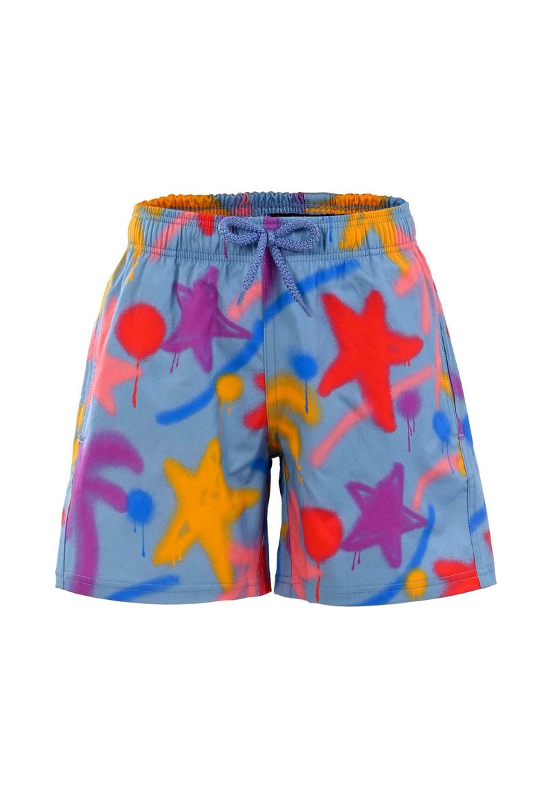 Shorts bleus avec un design en spray peint coloré comportant des étoiles et des cercles en rouge, jaune, violet et orange. Taille élastique avec cordon de serrage.