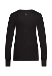 Svart långärmad tröja med rund halsringning och åtsittande ärmar. Har en liten logotyp i brunt på nackområdet bak. Slät textur.