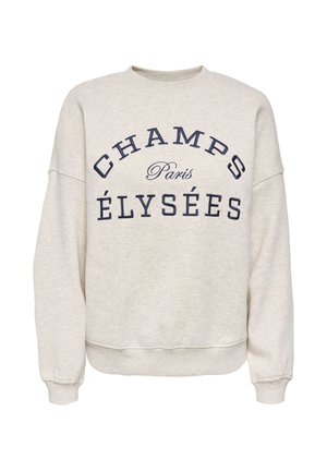 Lichtbeige crewneck sweater met donkerblauwe tekst "CHAMPS Paris ÉLYSÉES" op de voorkant, voorzien van lange mouwen en geribbelde boorden.