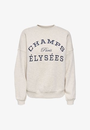 Světlé béžové mikina s kulatým výstřihem a tmavě modrým nápisem "CHAMPS Paris ÉLYSÉES" potiskem na přední straně, s dlouhými rukávy a žebrovanými manžetami.