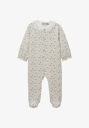 Grenouillère pour bébé à motif floral en tissu doux, dotée de manches longues, d'un col blanc festonné et d'une fermeture à pression à l'avant et sur les jambes.