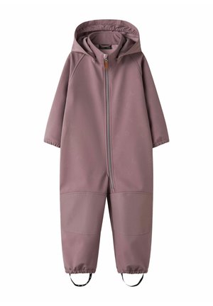 Combinaison une-pièce mauve pour enfants avec capuche, fermeture éclair à l'avant, renforts aux genoux, poignets élastiques et sangles pour les pieds.
