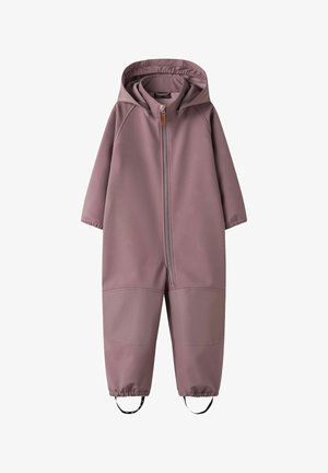 Fioletowy kombinezon dziecięcy z kapturem, zapinany z przodu na zamek, z wzmocnionymi nakolannikami, elastycznymi mankietami i paskami na stopy.