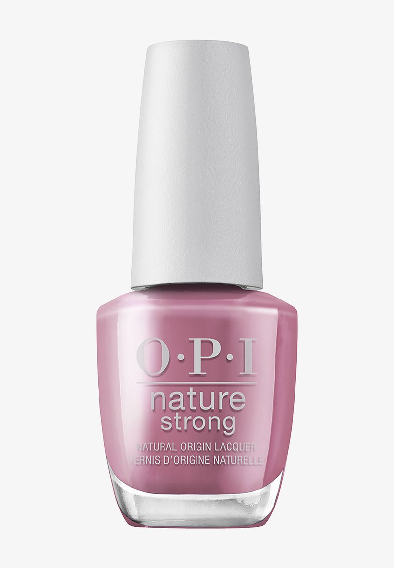 Bottiglia di smalto per unghie OPI Nature Strong rosa con tappo bianco e etichetta con vernice di origine naturale.