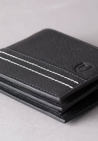 Black leather wallet with textured surface, featuring white stitching and an embossed logo on the front, designed with a bi-fold construction.