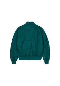 Teal bombers jacket met een ribgebreide kraag en manchetten. Glad, gewatteerd materiaal met een geplooide zoom. Geen zichtbare logo's, naden of opvallende hardware.