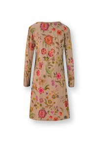 Geborduurd linnen jurkje met lange mouwen, voorzien van een bloemenpatroon in roze, geel en groen op een beige achtergrond. Ronde halslijn.