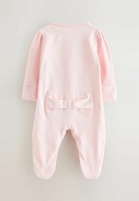 Roosa beebi ülikond pikkade varrukatega, pehme kanga ja tagasi nööpkattega. Omab suletud jalgu ja ümmargust kaelust.