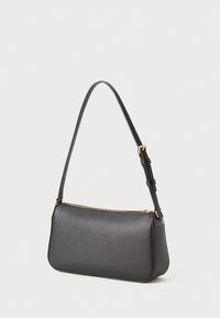 Black faux leather handbag with a sleek design, adjustable strap, and gold-tone zipper. Features a textured surface and curved shape.