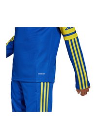 Completo atletico blu con accenti gialli; presenta maniche lunghe, collo a giro e tre strisce lungo le maniche e i pantaloni. Tessuto testurizzato.
