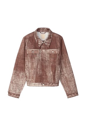 Brown denim jacket with a textured finish, featuring a pointed collar, two chest pockets, and metal snap buttons. Cropped design.