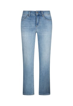 Jean denim bleu clair à jambes droites avec fermeture avant à boutons et glissière, design à cinq poches et léger délavage sur les cuisses.